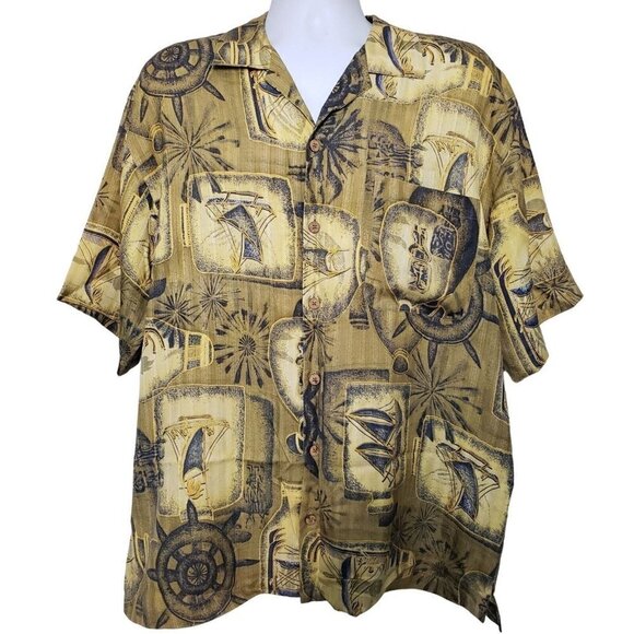 Tommy Bahama Relax Mens Silk Shirt Nautical Tiki Maritime Beach Gold Mens Large - Picture 1 of 11